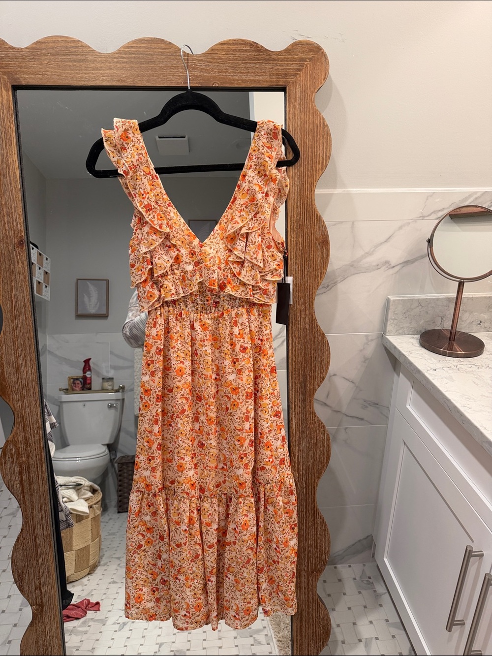 Black Tape_ Floral Ruffle V-Neck Maxi Dress in Orange and Cream